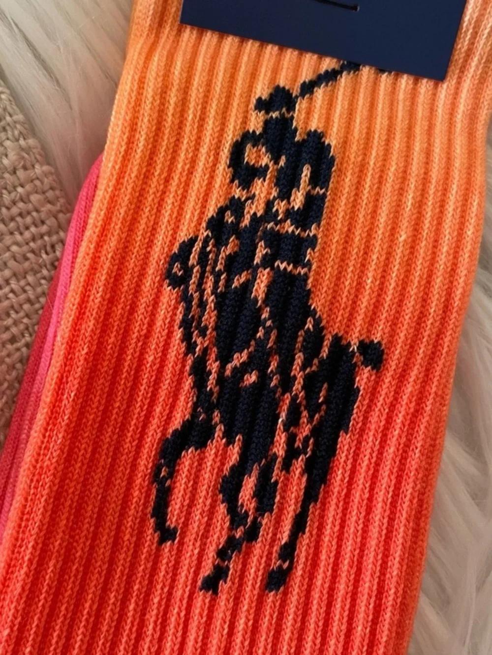 🆕 POLO Ralph Lauren Large Pony Crew Socks Orange Pink Gradient Dip Dye RARE NWT